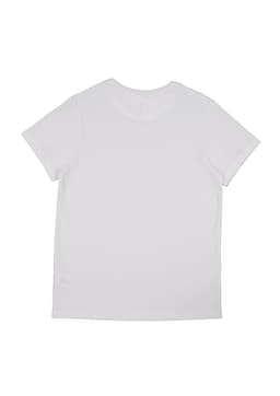 A white short sleeve women's T-shirt featuring a simple design and a logo.
