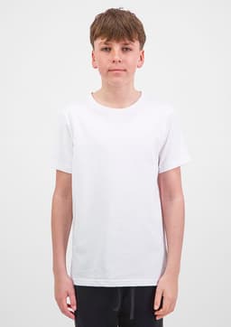 A white short sleeve tee for youth displayed on a model, featuring a simple design and a logo.