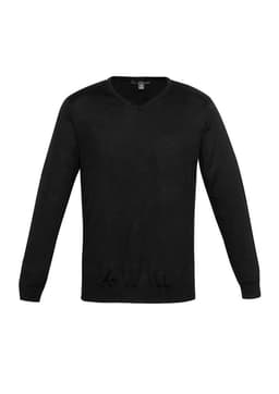 A black pullover jumper with long sleeves and a V-neck design, featuring a logo.