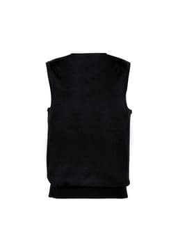 A black Milano men's vest with a sleek, sleeveless design and ribbed hem. It features a branding logo.
