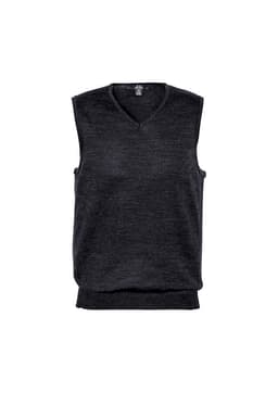 A dark grey men's vest with a V-neck design, featuring a ribbed hem and armholes, and has a logo.