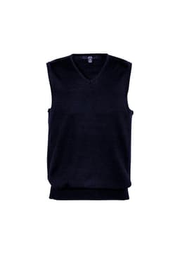 A navy blue men's vest with a V-neck design and no sleeves, featuring a logo on the neckline.