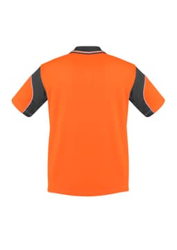 A short sleeve polo shirt in high visibility orange with black accents and a logo.