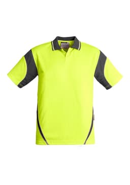 A bright yellow short sleeve polo shirt with grey accents and a logo. Suitable for workwear settings.