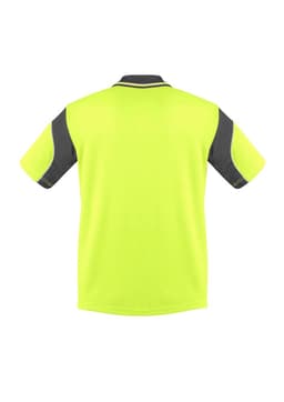 A high visibility short sleeve polo shirt in bright yellow with grey accents and a branded logo.