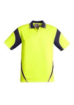 A bright yellow and navy short sleeve polo shirt with a logo on the chest.