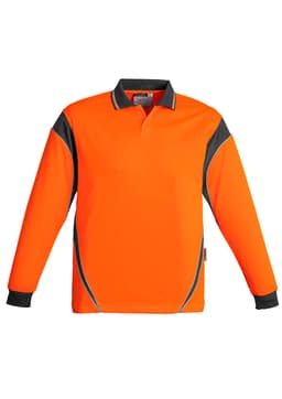 An orange long sleeve polo shirt with grey accents and a collar, featuring a logo. Suitable for workwear applications.
