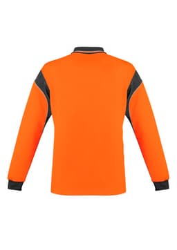 An orange long sleeve polo shirt featuring grey accents and a logo on the chest.
