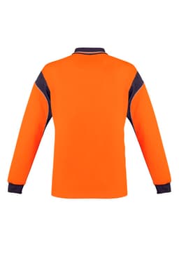 A long sleeve polo shirt in bright orange and navy, featuring a collar and arm detailing. It includes a logo.