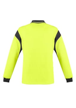 A long sleeve polo in hi-vis yellow with black accents and a collar. It features a logo on the front.