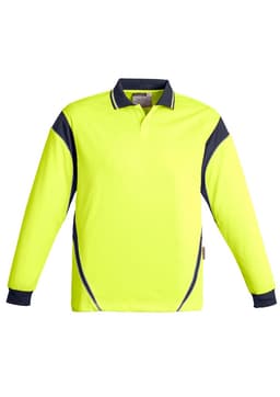 A long sleeve polo shirt in high visibility yellow with navy blue accents and a logo on the chest.