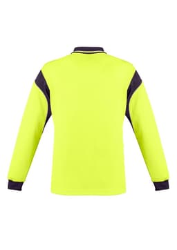 A long sleeve polo shirt in high visibility yellow with navy blue accents and a logo on the chest.