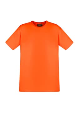 A bright orange hi-vis work t-shirt with a round neckline and short sleeves, featuring a brand logo.
