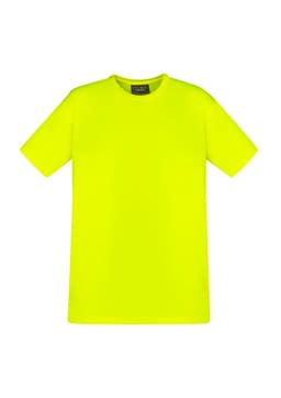A men's high visibility t-shirt in bright yellow, featuring a logo on the label. Ideal for workwear.