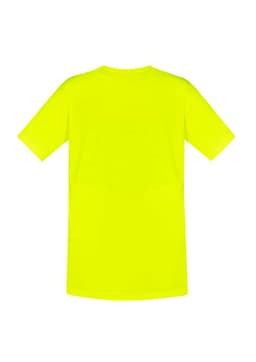 A bright yellow men's hi-vis T-shirt with short sleeves and a plain back. Features a logo.