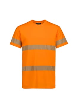 An orange cotton T-shirt with reflective segmented tape stripes and a logo. Suitable for workwear.