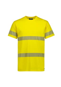 A bright yellow cotton tee shirt with segmented reflective tape across the chest and sleeves, featuring a logo.