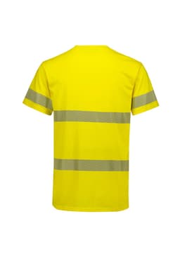 A bright yellow men's tee shirt with segmented reflective tape across the chest and back. It has a logo on the front.