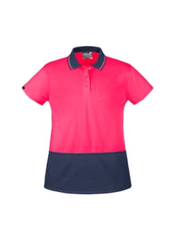 A women's short sleeve polo shirt in bright pink with a navy blue lower section and a collar, featuring a logo.
