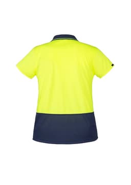 A women's high visibility short sleeve polo in bright yellow and navy blue, featuring a logo on the sleeve.