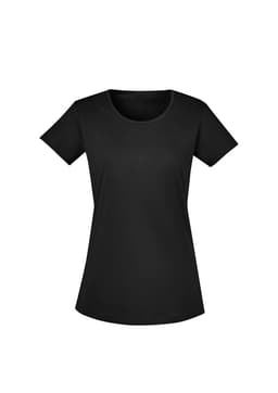 A black women's T-shirt with short sleeves and a round neckline, featuring a logo.
