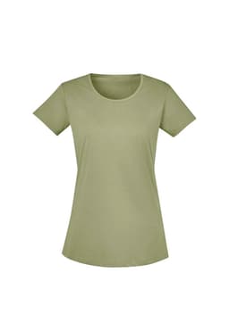 A light olive green women's t-shirt with short sleeves and a rounded neckline. It features a logo on the front.