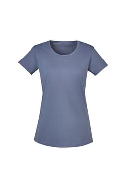 A blue women's T-shirt with short sleeves and a round neckline. It features a logo on one side.