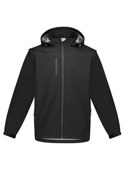 A black unisex softshell jacket with a hood, featuring zip pockets and a logo on the front.