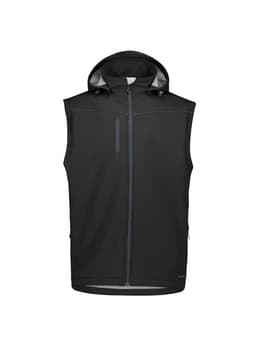 A black unisex softshell jacket with a hood and zippered pockets, featuring a branding logo.