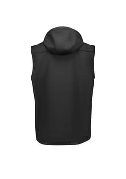 A unisex black softshell jacket with a hood and no sleeves, featuring a logo.