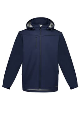 A navy unisex softshell jacket with a hood, featuring a zippered front pocket and a logo.