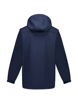 A navy blue unisex softshell jacket with a hood and long sleeves, featuring a branding logo.