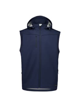 A navy unisex softshell jacket with a hood and zippered front, featuring side pockets and a branded logo.
