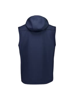 A navy unisex softshell jacket with a hood and no sleeves, featuring a logo on the back.