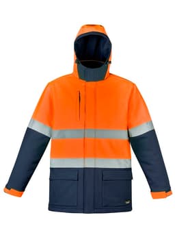 A unisex softshell jacket in orange and navy, featuring reflective stripes and a hood. Includes a logo on the garment.