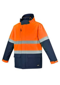 A unisex softshell jacket in fluorescent orange and navy, featuring reflective stripes and a logo.