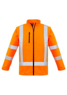 A bright orange unisex softshell jacket featuring reflective stripes, with a zip front and a pocket on the chest.