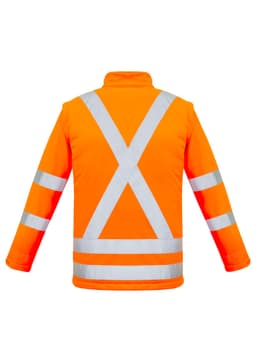 A bright orange softshell jacket with reflective stripes in an X-back pattern. It has a logo on the front.