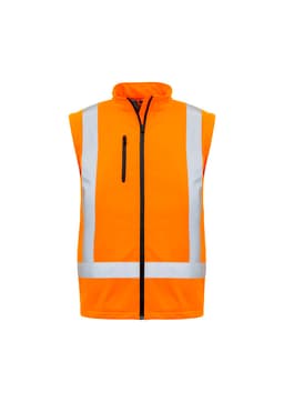 An orange softshell vest with reflective stripes and a zip-up front, featuring a pocket on the chest.