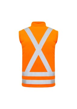 A high-visibility orange softshell jacket featuring reflective crossback and stripe designs. It has a logo on the front.