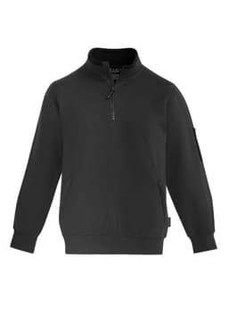 A black unisex 1/4 zip brushed fleece pullover featuring long sleeves and a zippered collar. The pullover has a logo.