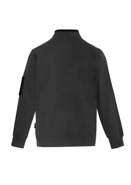 A black unisex 1/4 zip brushed fleece pullover with a collar and a side pocket. Features a logo on the fabric.