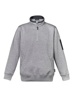 A grey unisex 1/4 zip brushed fleece pullover featuring a logo on the sleeve and ribbed cuffs.