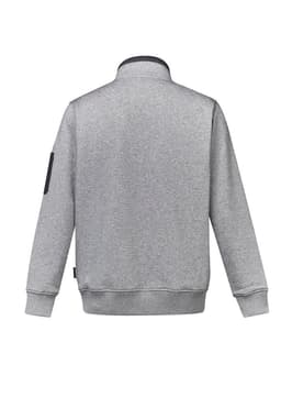 A grey unisex 1/4 zip brushed fleece pullover with a collar and a pocket on the arm.