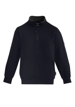 A unisex black 1/4 zip brushed fleece pullover featuring long sleeves and a logo detail.