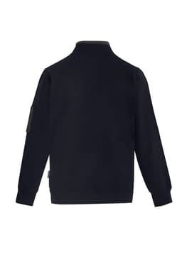 A unisex black 1/4 zip brushed fleece pullover featuring a grey collar and a logo on the sleeve.