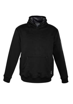 A black unisex multi-pocket hoodie featuring a front pouch and a branded logo. It has a hood and long sleeves.