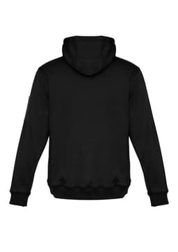 A black unisex hoodie featuring a hood and multi-pocket design, with a branding logo on one sleeve.