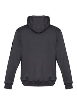 A unisex, grey multi-pocket hoodie with a hood and long sleeves, featuring a logo on the side.