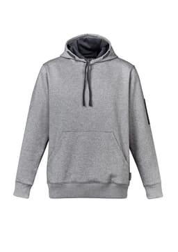 A grey unisex multi-pocket hoodie featuring a front pocket and drawstring hood. Contains a logo on the sleeve.